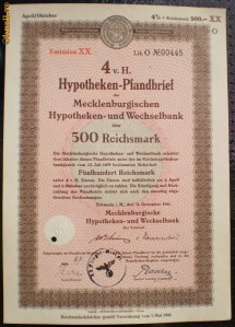 11. GERMANIA ACT IPOTECAR 500 REICHSMARK 31.12.1941 SCHWERIN foto