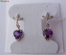 Cercei aur 14K, 2.9g, ornati cu 3.72ct AMETISTE inimioara si BRILIANTE foto