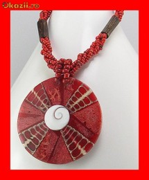 Lant Fantezie Margele-Lemn Cocos-Medalion Coral Rosu LFAN-011 foto