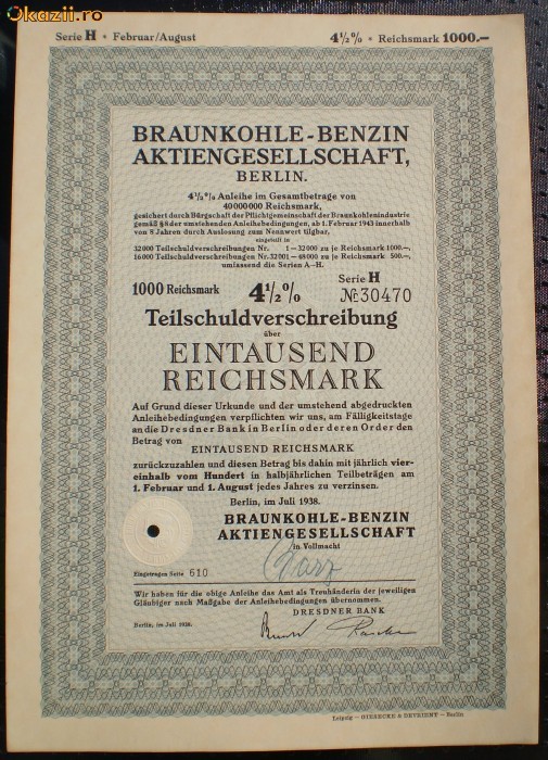 15. GERMANIA OBLIGATIUNE 1000 REICHSMARK 07.1938 BERLIN foto mare