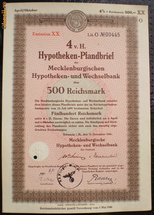 11. GERMANIA ACT IPOTECAR 500 REICHSMARK 31.12.1941 SCHWERIN foto mare