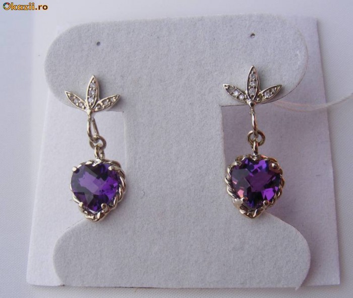 Cercei aur 14K, 2.9g, ornati cu 3.72ct AMETISTE inimioara si BRILIANTE foto mare