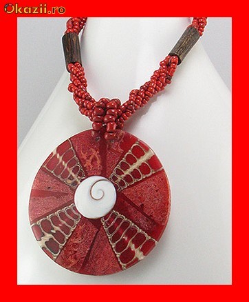 Lant Fantezie Margele-Lemn Cocos-Medalion Coral Rosu LFAN-011 foto mare