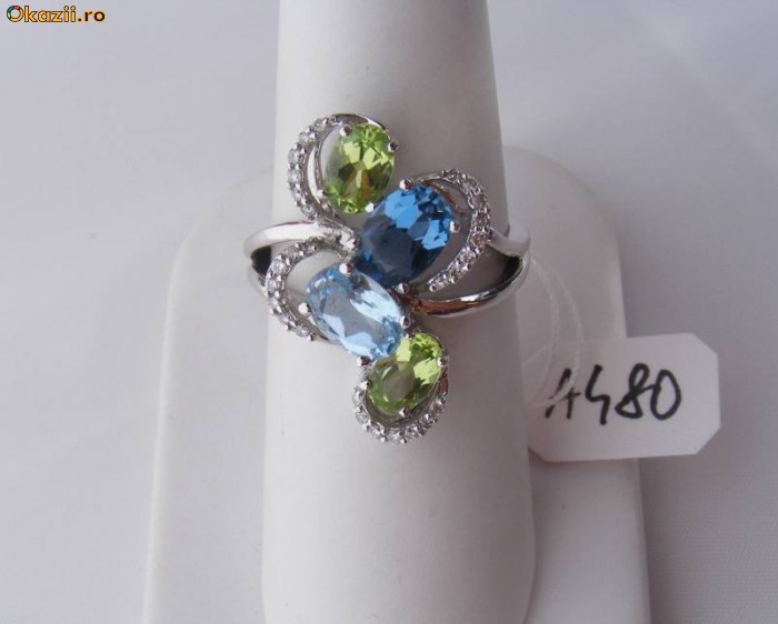 Inel designer aur 14K, 4.4g, montura petale cu DIAMANTE, Aquamarin, Topaz si Peridot foto mare