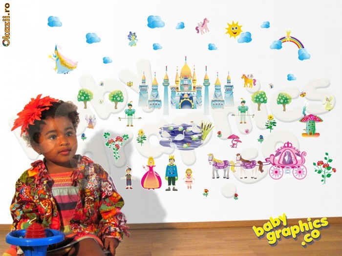Set autocolante pentru copii  (wall stickers) Printesa si Castel pentru perete (caleasca, zane, unicorn, strajeri, etc) - by babygraphics foto mare