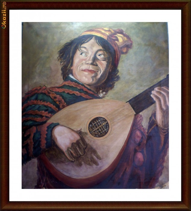 Pictura veritabila, tablou vechi in ulei pe panza - Jester with a Lute - dupa Frans Hals foto mare