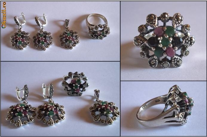 Inel + Medalion + Cercei, argint + semipretioase + marcasite (2) foto mare