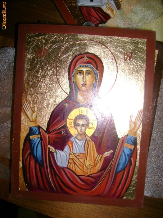 ICOANA IEFTINA PICTATA PE LEMN CU FOITA DE AUR 16/20 CM  FECIOARA MARIA CU PRUNCUL foto mare